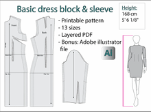 Load image into Gallery viewer, Basic dress block & sleeve / 13 sizes / PDF pattern / Different heights /168cm  + Adobe Illustrator version