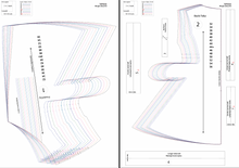 Load image into Gallery viewer, Picture showing the printing layout of the sewing pattern in 13 sizes, from size 32 to size 56. On the right side of the picture the front pattern, on the left side the left pattern and belts. Sizes marked with different colours.