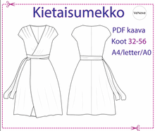 Load image into Gallery viewer, Cover of the PDF pattern file with wrap dress. In the middle a technical picture of the front and back of the wrap dress. Title Wrapdress in Finnish language on the top, description PDF pattern, sizes 32-56.. printing format A4/US letter/A0
