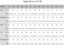 Load image into Gallery viewer, Size table for the height of 168 cm or 5 feet 6 inches. In the upper row of the table sizees from 32 to 56,  in the next rows bust circumference, underbust circumference, waist circumference, hip circumference and back lenght.