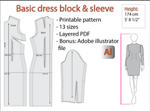 Load image into Gallery viewer, Basic dress block &amp; sleeve / 13 sizes / PDF pattern / Different heights /174cm