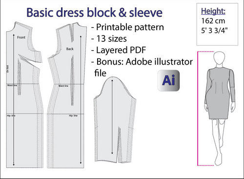 Basic dress block & sleeve/Different heights/162 cm/PDF 
 sewing pattern  + Adobe Illustrator version