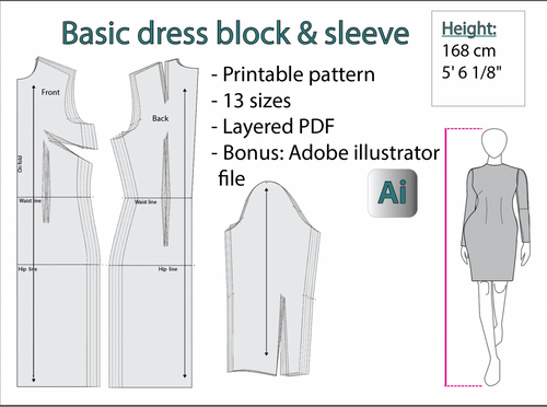 Basic dress block & sleeve / 13 sizes / PDF pattern / Different heights /168cm  + Adobe Illustrator version