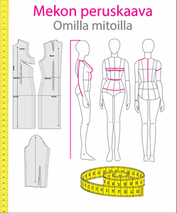 Cover of the basic dress instruction guide. Title: Basic dress pattern made to measure (in Finnish). Picture of yellow measuring tape, pictures of the dress pattern and a mannequin in 3 poses illustrating taking of measurements. 