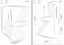 Lataa kuva Galleria-katseluun, Picture showing the printing layout of the sewing pattern in 13 sizes, from size 32 to size 56. On the right side of the picture the front pattern, on the left side the left pattern and belts. Sizes marked with different colours. 