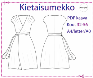 Cover of the PDF pattern file with wrap dress. In the middle a technical picture of the front and back of the wrap dress. Title Wrapdress in Finnish language on the top, description PDF pattern, sizes 32-56.. printing format A4/US letter/A0