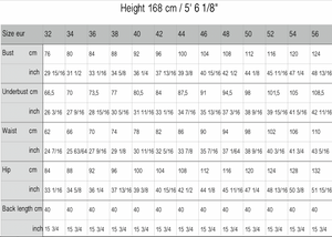 Size table for the height of 168 cm or 5 feet 6 inches. In the upper row of the table sizees from 32 to 56,  in the next rows bust circumference, underbust circumference, waist circumference, hip circumference and back lenght. 